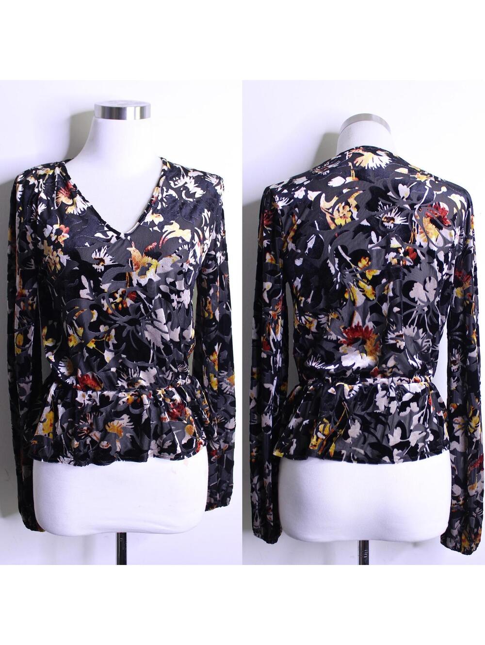Rachel Roy Black Velvet Burnout Floral Peplum Blouse - Small